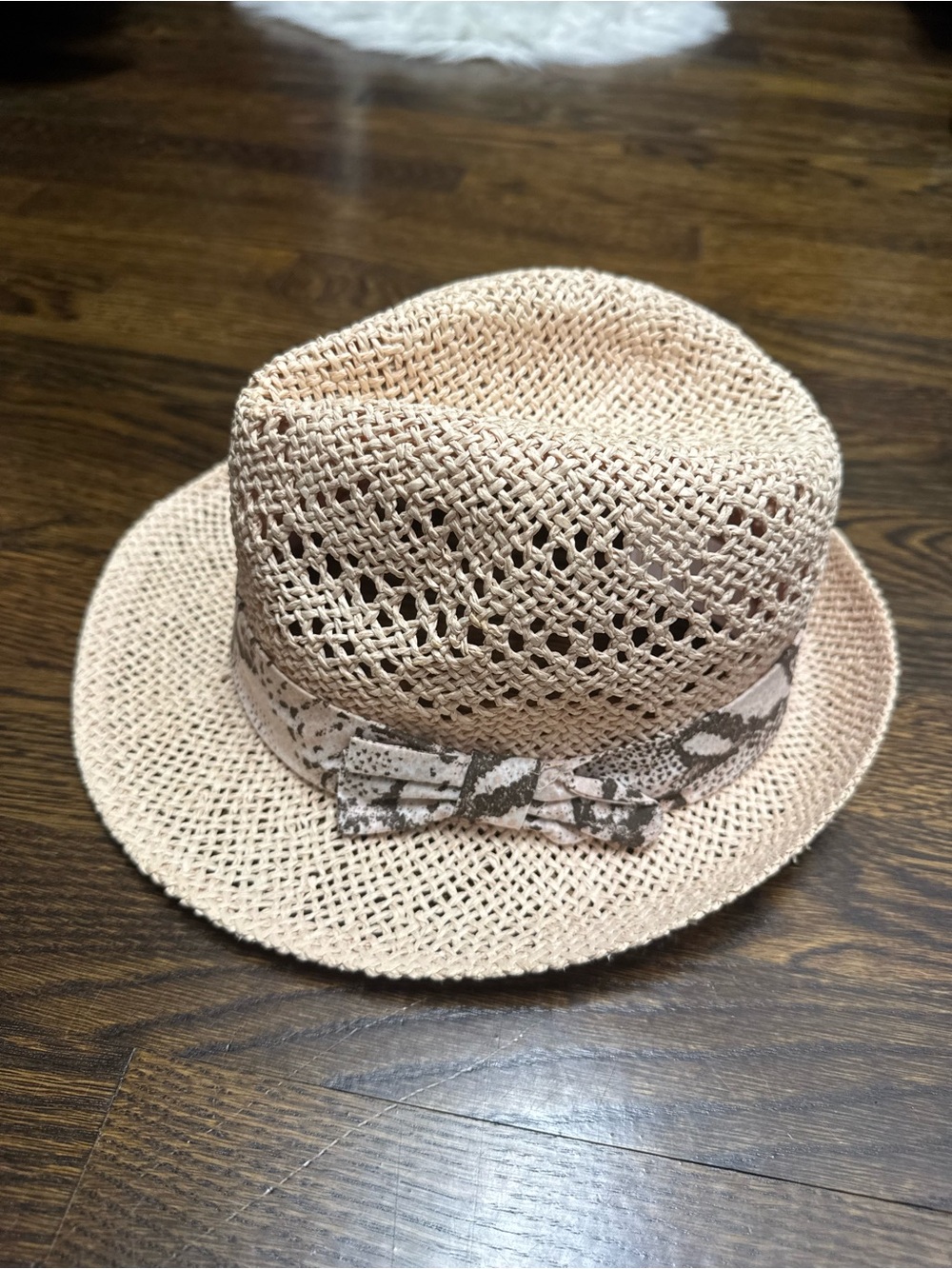 H&M Woven Straw Fedora with Patterned Band in Light Pink, Size: M/56